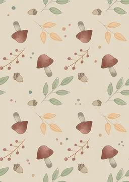 Cute seamless pattern with autumn mushrooms, acorns and leaves Stockillustratie