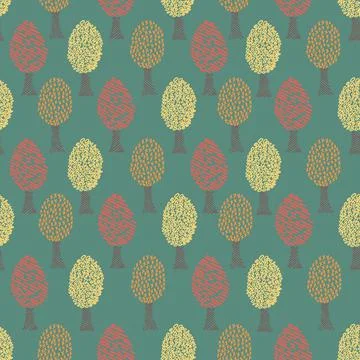 Cute seamless pattern with autumn trees on green background. Pattern for text イラスト素材