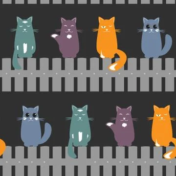 Cute seamless pattern background with cats seating on the fence. Vector illus Stock Illustration
