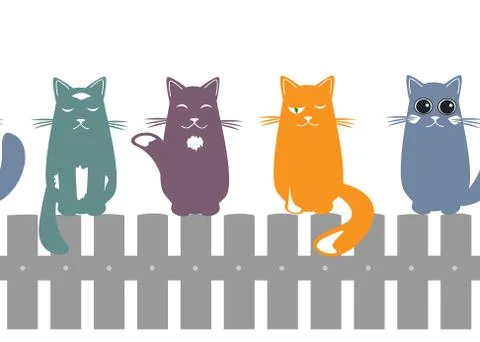 Cute seamless pattern background with cats seating on the fence. Vector illus Stock Illustration