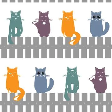Cute seamless pattern background with cats seating on the fence. Vector Stock Illustration
