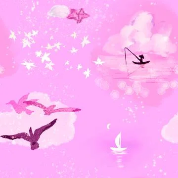 Cute seamless pattern background with pink sea and sail boat near seagulls in Illustrazione stock
