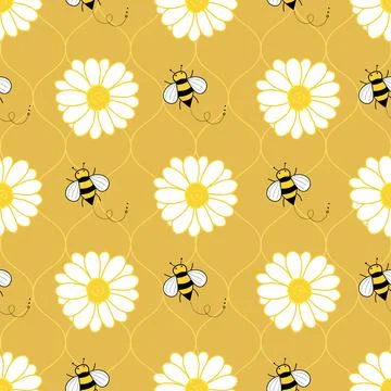 Cute seamless pattern with bee and flowers on wavy texture orange background Stock Illustration