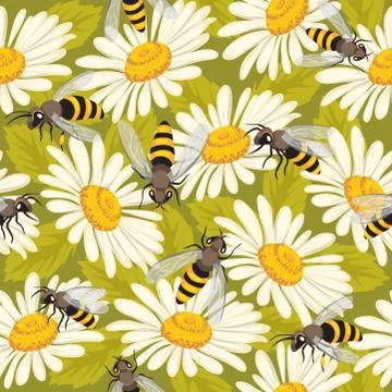 Cute seamless pattern with bees and flowers. Vector illustration EPS10 Stock Illustration