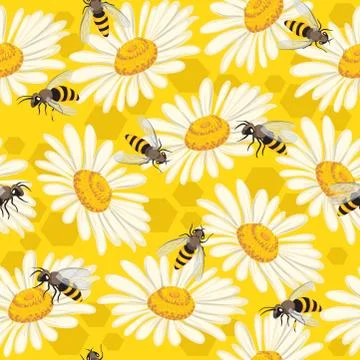 Cute seamless pattern with bees and flowers. Vector illustration EPS10 Stock Illustration