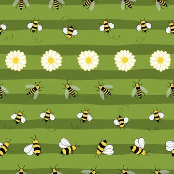 Cute seamless pattern with bees and flowers on green stripes Stock Illustration