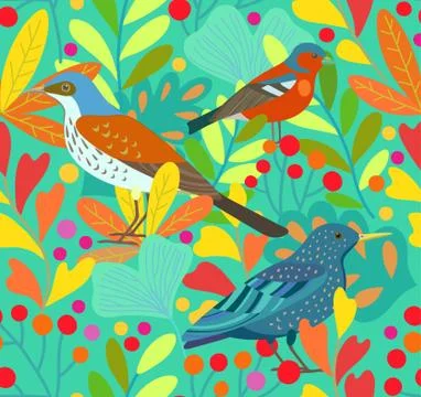 Cute seamless pattern with birds and berry elements. Vector illustration. Stock Illustration