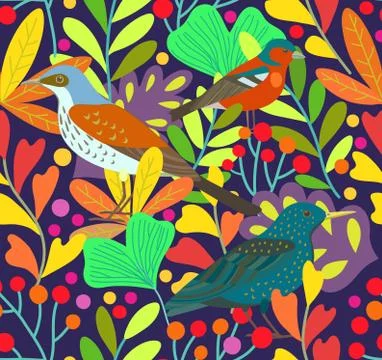 Cute seamless pattern with birds and berry elements. Vector illustration. Illustrazione stock