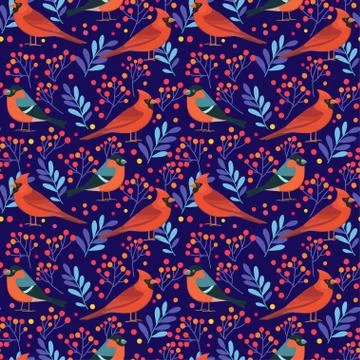 Cute seamless pattern with birds and berry elements. Vector illustration. Stock Illustration
