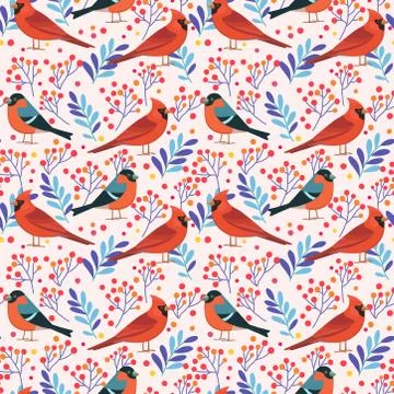 Cute seamless pattern with birds and berry elements. Vector illustration. Stock Illustration