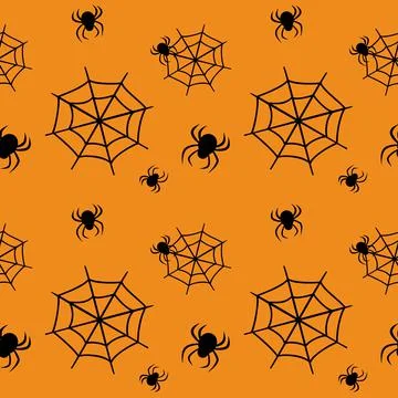 Cute seamless pattern with black cobwebs and spiders on an orange background Illustrazione stock