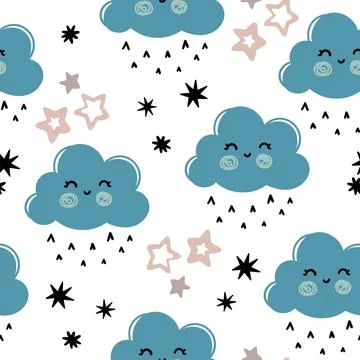 Cute seamless pattern with blue clouds Stock Illustration