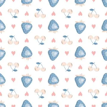 Cute seamless pattern with blue strawberries, cherry and hearts Illustrazione stock