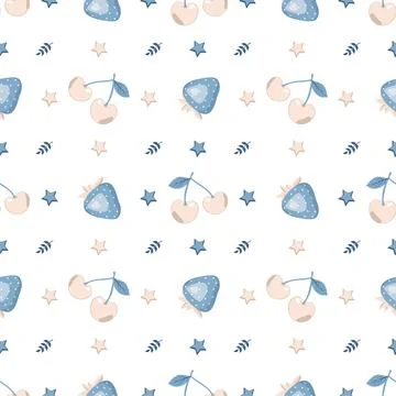 Cute seamless pattern with blue strawberries, cherry and leaves Stock Illustration