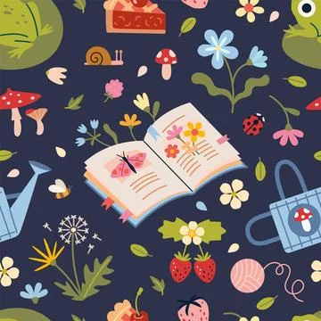 Cute Seamless pattern with book, flowers, frog, watering can, mushrooms and.. Stock Illustration