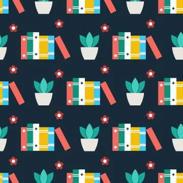 Cute seamless pattern with books plant and flowers Illustrazione stock