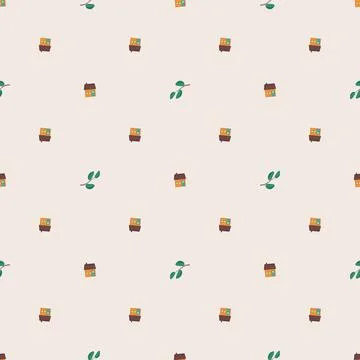 Cute seamless pattern with bright rustic houses and leaves on background. Stockillustratie