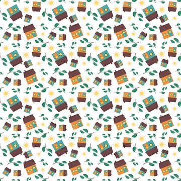 Cute seamless pattern with bright rustic houses, sun and leaves Stock Illustration