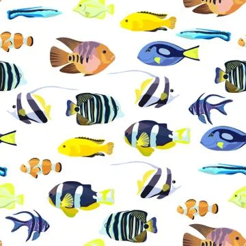 Cute seamless pattern with bright tropical coral fishes. Stock Illustration