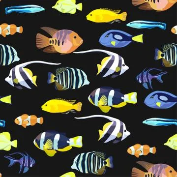 Cute seamless pattern with bright tropical coral fishes. Illustrazione stock
