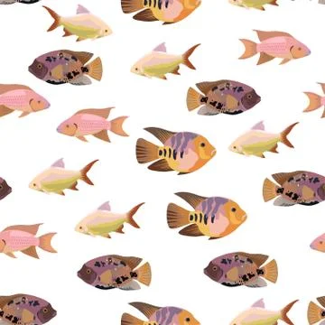 Cute seamless pattern with bright tropical coral fishes. Stock Illustration