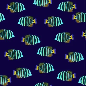Cute seamless pattern with bright tropical coral fishes. 스톡 일러스트