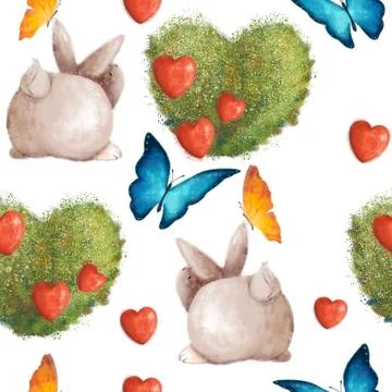 Cute seamless pattern with bunnies and a bush in the shape of a heart. Summer Stock Illustration