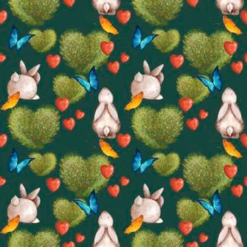 Cute seamless pattern with bunnies and a bush in the shape of a heart. Summer Stock Illustration