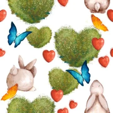 Cute seamless pattern with bunnies and a bush in the shape of a heart. Summer Stock Illustration