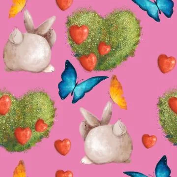 Cute seamless pattern with bunnies and a bush in the shape of a heart. Summer Illustrazione stock