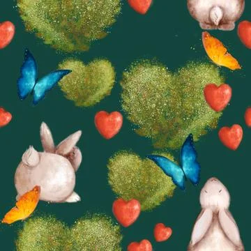 Cute seamless pattern with bunnies and a bush in the shape of a heart. Summer Stock Illustration