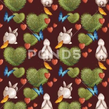 Cute seamless pattern with bunnies and a bush in the shape of a heart. Summer Stock Illustration