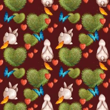 Cute seamless pattern with bunnies and a bush in the shape of a heart. Summer Stock Illustration