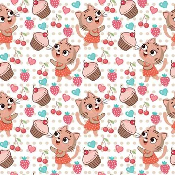 Cute seamless pattern with bunny, cupcake and berries. Stock Illustration