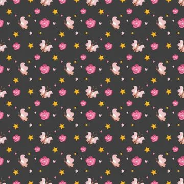 Cute seamless pattern with butterfly, flowers and stars on a dark background Stock Illustration