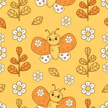 Cute seamless pattern with butterfly on yellow background with chamomile fl.. Stock Illustration