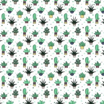 Cute seamless pattern with cactus and abstract elements. Repeating hand drawn 库存插图