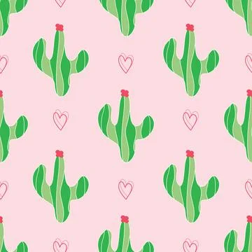 Cute seamless pattern with cactus and hearts on pink background Stock Illustration