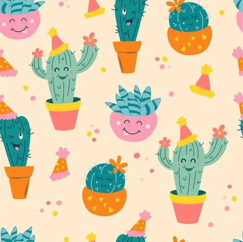 Cute seamless pattern with cactus. Cartoon Cacti in festive hats. Background  Stock Illustration