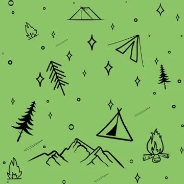 Cute seamless pattern camping in the woods.vector illustration for you design Illustrazione stock