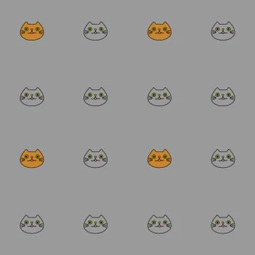 Cute seamless pattern with cartoon cat faces on grey background Stock Illustration