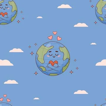 Cute seamless pattern with cartoon character enamored planet Earth with hea.. Stock Illustration