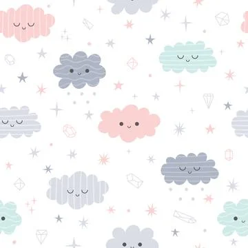 Cute seamless pattern with cartoon clouds for kids. Nursery background. Smi.. Stock Illustration