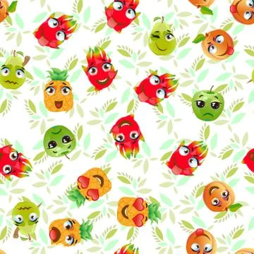 Cute seamless pattern with cartoon emoji fruits Stock Illustration