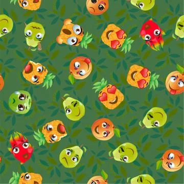 Cute seamless pattern with cartoon emoji fruits Stock Illustration