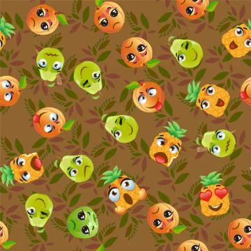 Cute seamless pattern with cartoon emoji fruits 스톡 일러스트