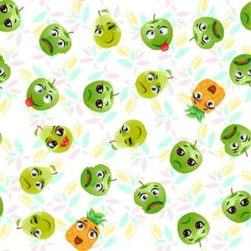Cute seamless pattern with cartoon emoji fruits Stock Illustration