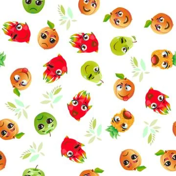 Cute seamless pattern with cartoon emoji fruits Stock Illustration
