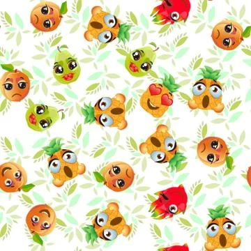 Cute seamless pattern with cartoon emoji fruits Stock Illustration