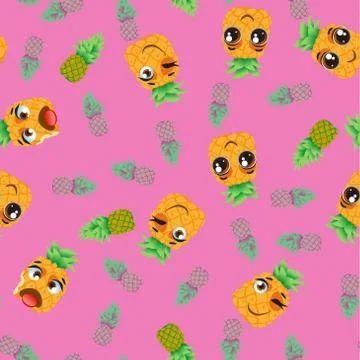 Cute seamless pattern with cartoon emoji fruits Stock Illustration
